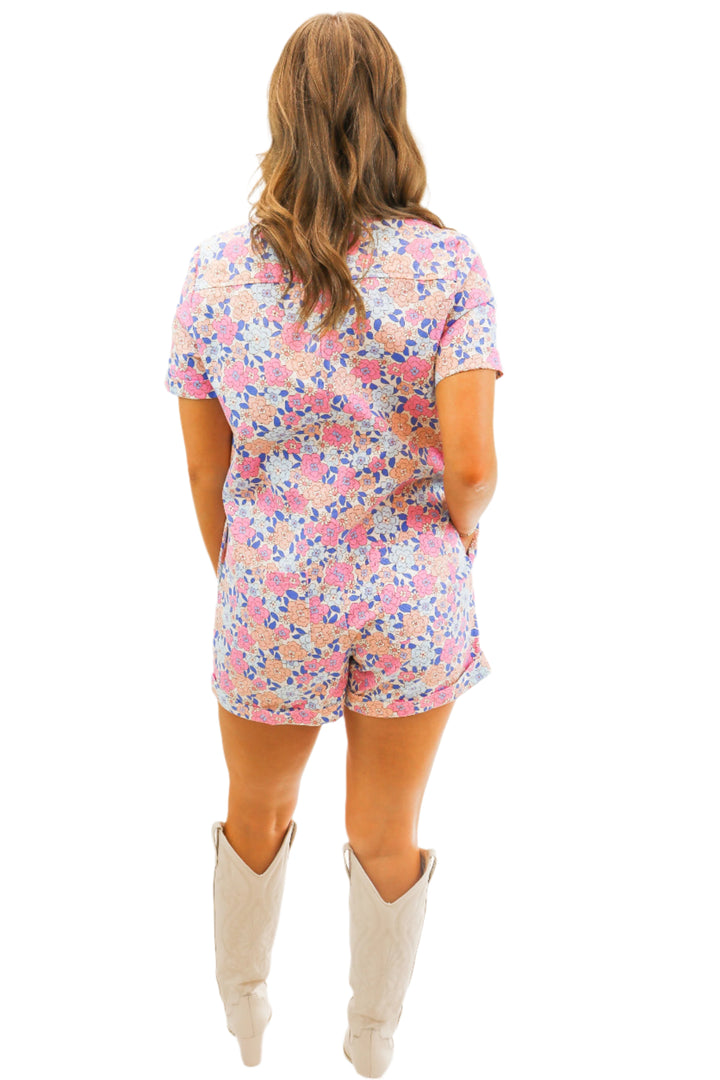 Born to Run Floral Denim Romper, Pink