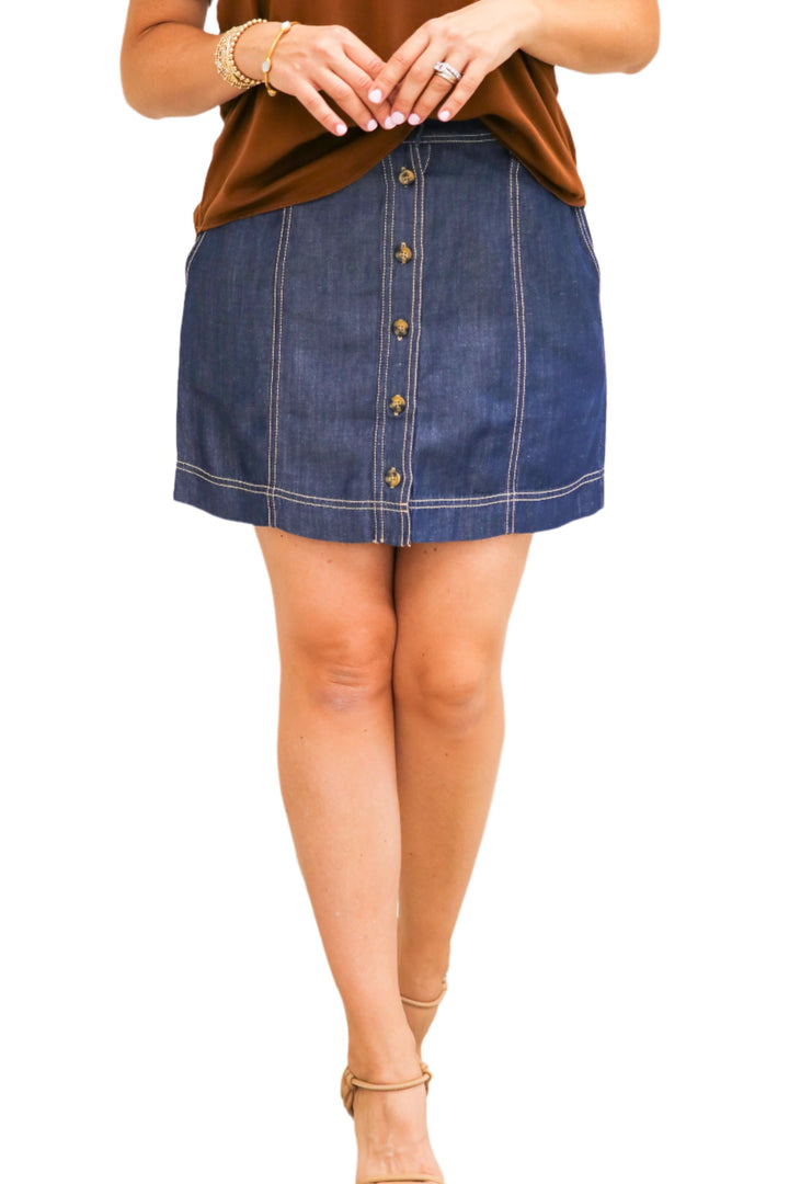 Seamed Button Front Skirt, Dark Denim