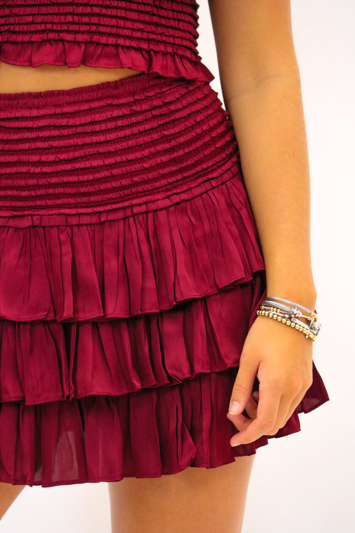 Let's Get Loud Smocked Ruffle Skort, Maroon