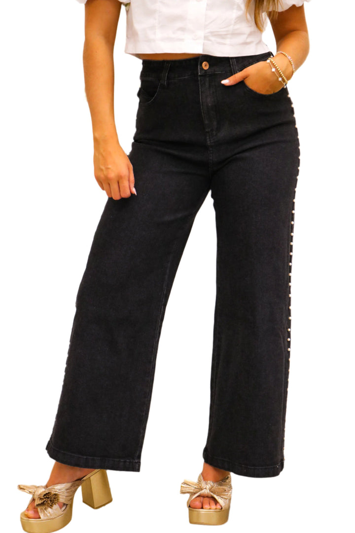 Head Held High Pearl Studded Jeans, Black