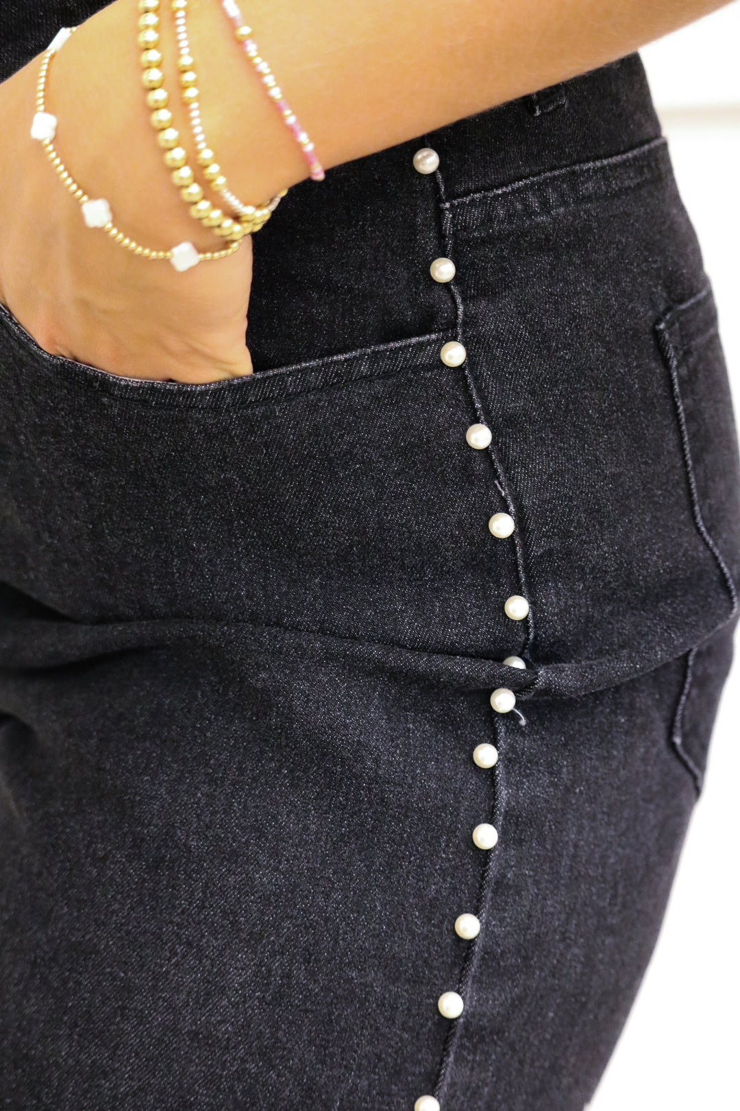 Head Held High Pearl Studded Jeans, Black