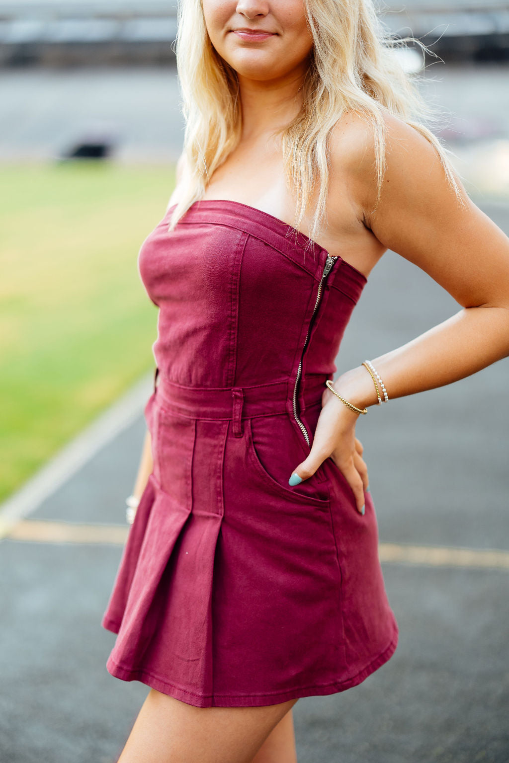 Make Some Noise Strapless Denim Romper Dress, Maroon