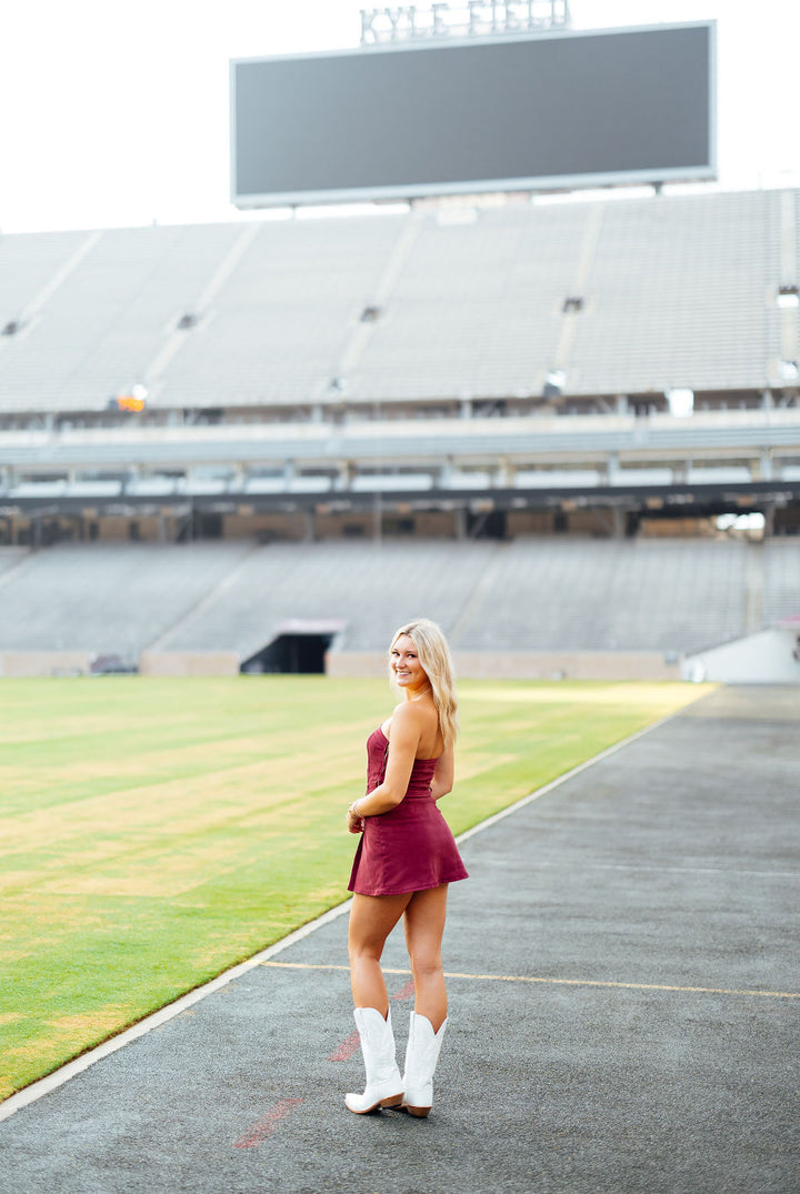 Make Some Noise Strapless Denim Romper Dress, Maroon