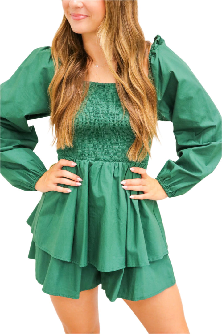 Set The Tone Smocked Romper, Green