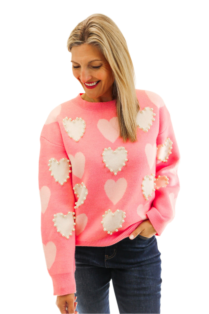 Love Me More Pearl Heart Sweater, Pink