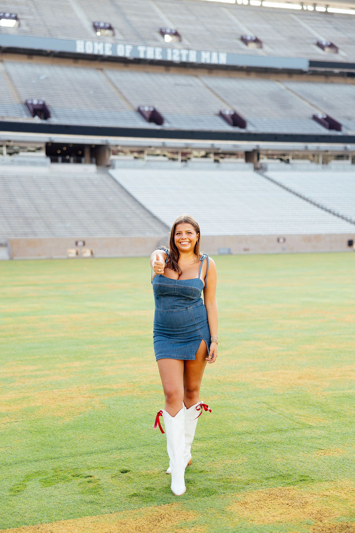 Take Me Dancing Denim Slit Romper