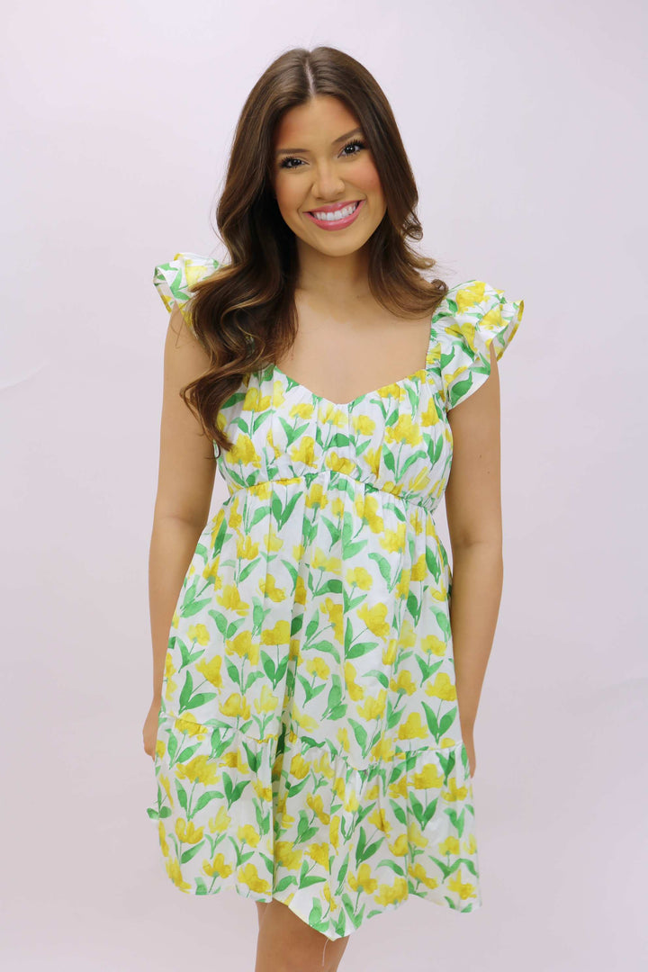 Shine Your Light Yellow Floral Mini Dress