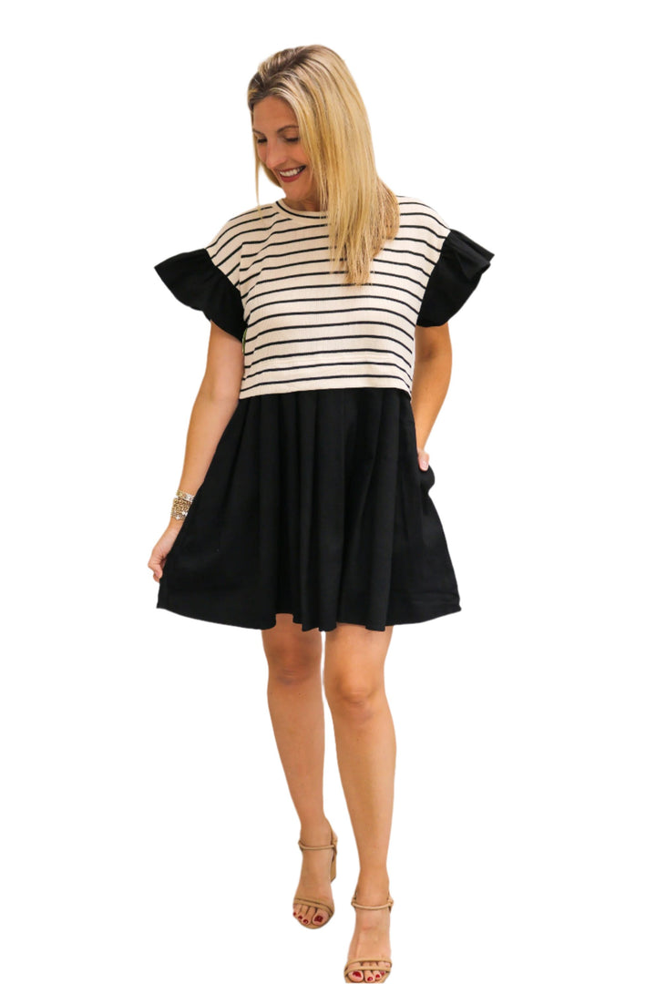 Wind Down Striped Pleated Dress, Black