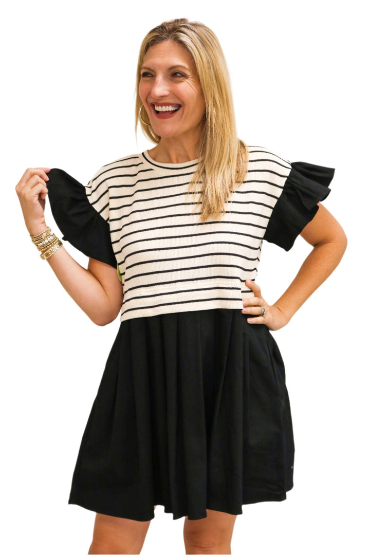 Wind Down Striped Pleated Dress, Black