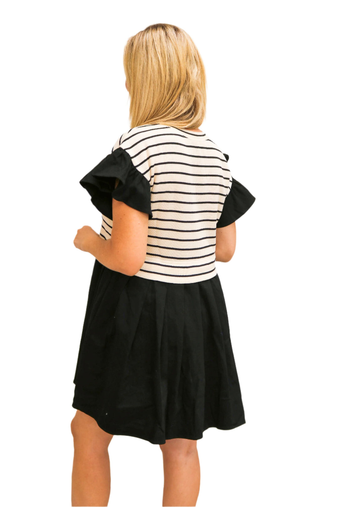 Wind Down Striped Pleated Dress, Black