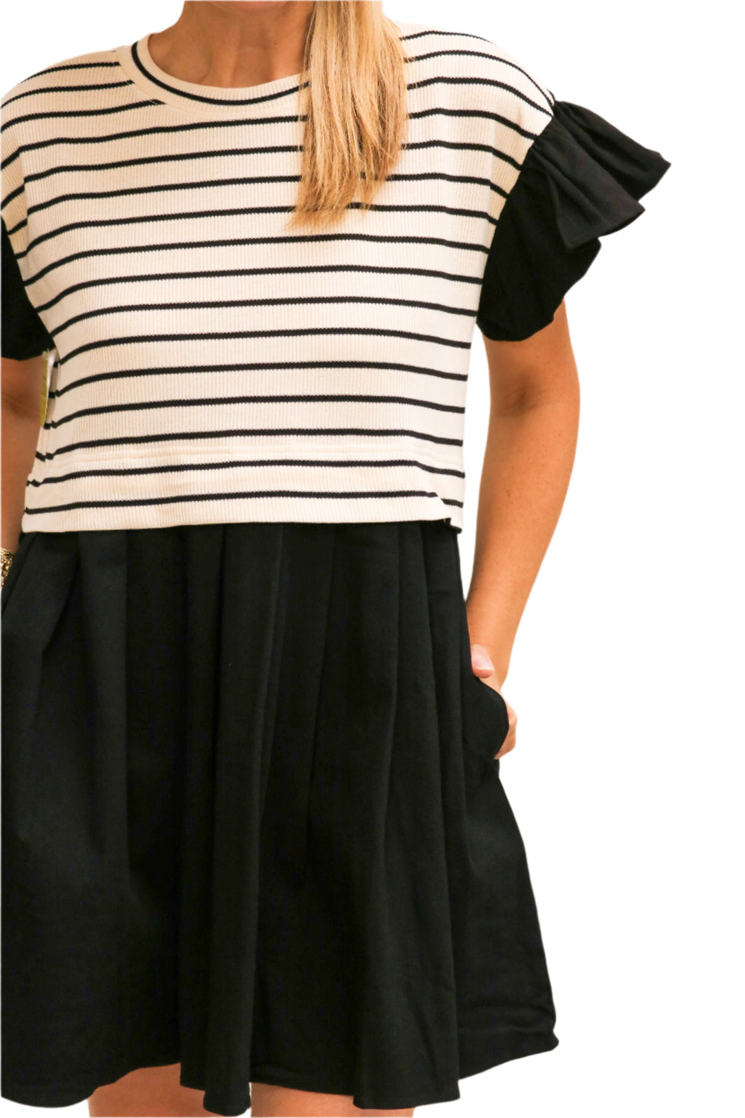 Wind Down Striped Pleated Dress, Black