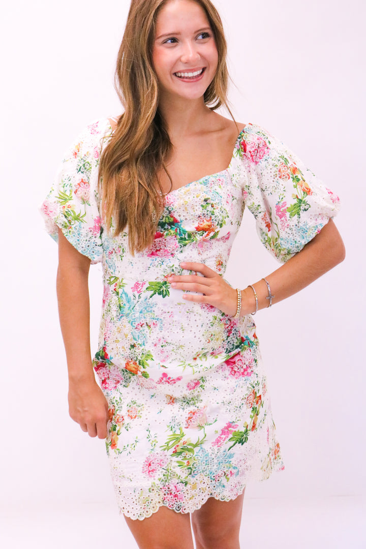 Stay Awhile Floral Eyelet Dress