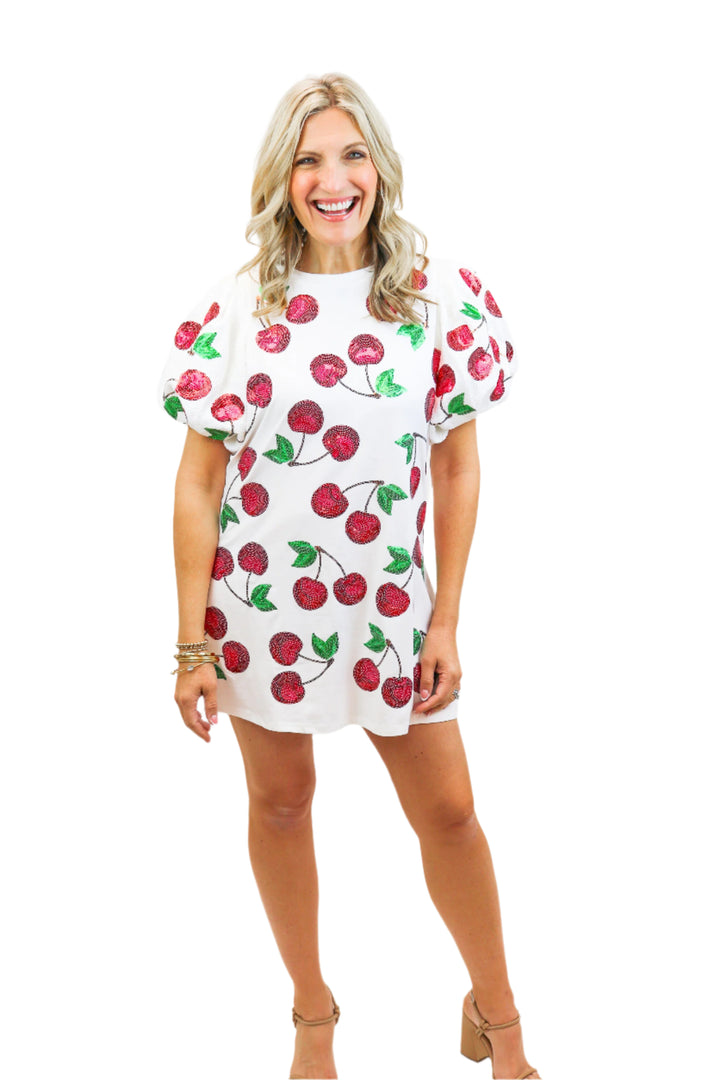 White Puff Sleeve Cherry Dress