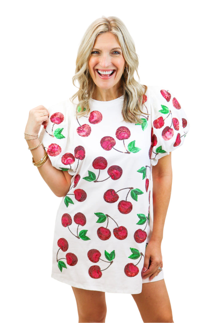 White Puff Sleeve Cherry Dress