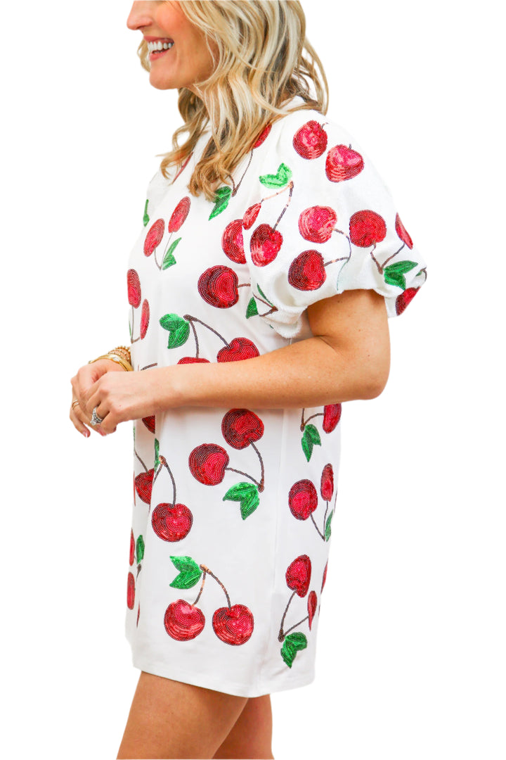 White Puff Sleeve Cherry Dress