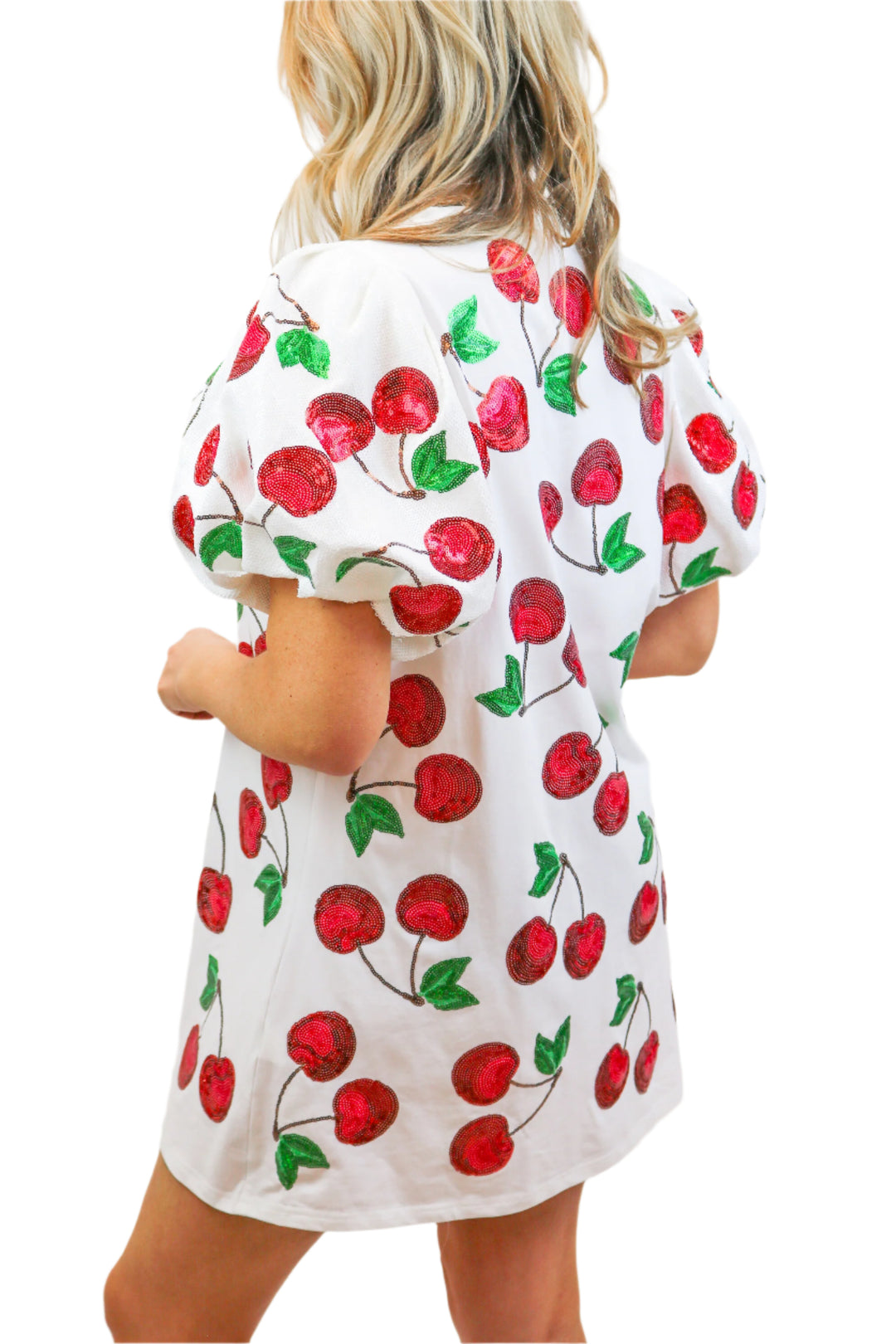 White Puff Sleeve Cherry Dress