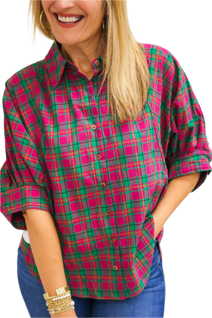 Sadie Oversized Button Down Top, Pink/Green Combo