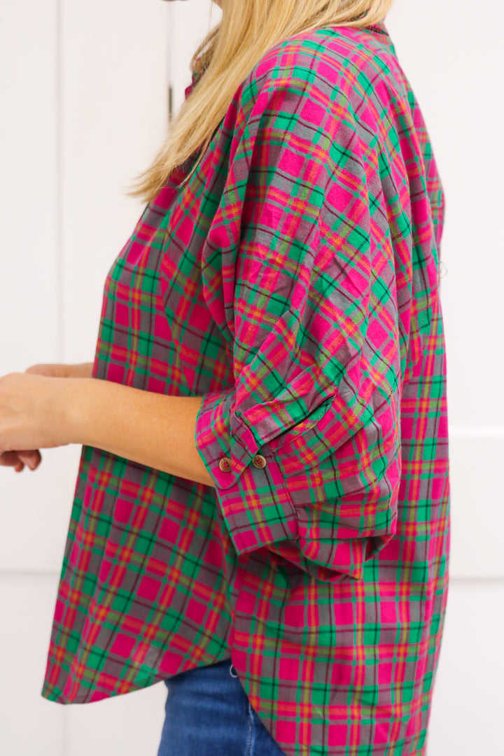 Sadie Oversized Button Down Top, Pink/Green Combo