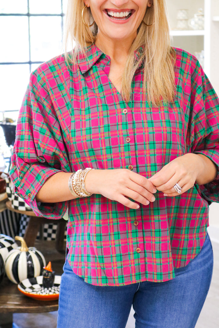 Sadie Oversized Button Down Top, Pink/Green Combo