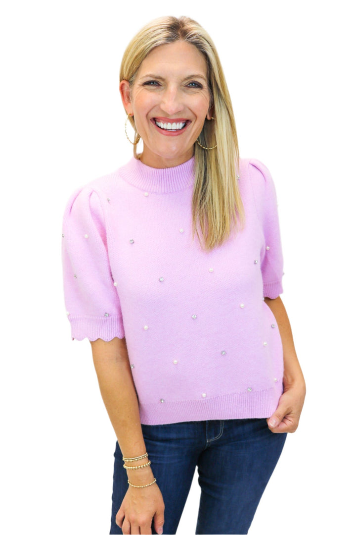 Wild Over You Embellished Scallop Sweater, Lilac