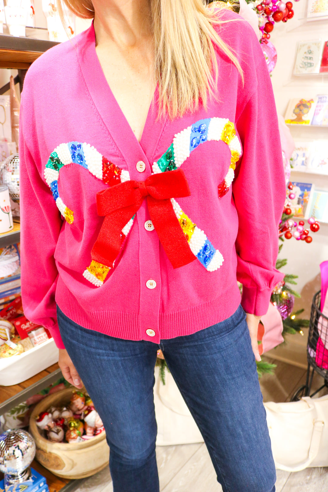 Pink Cardigan with Candy Cane & Bow