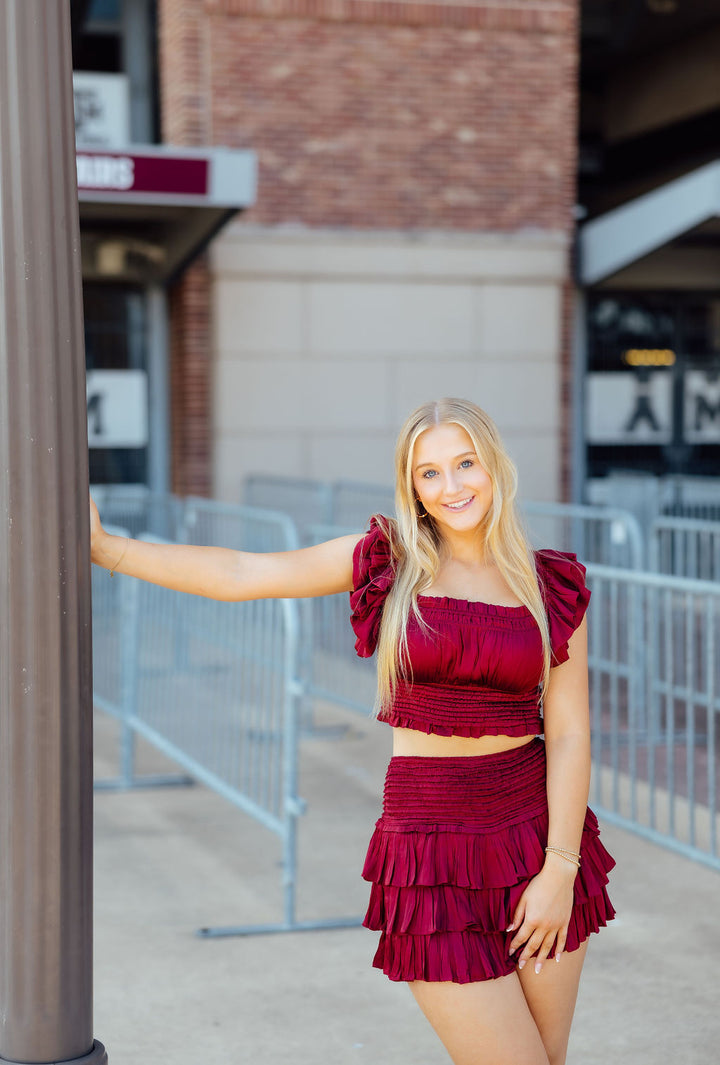 Let's Get Loud Smocked Ruffle Skort, Maroon