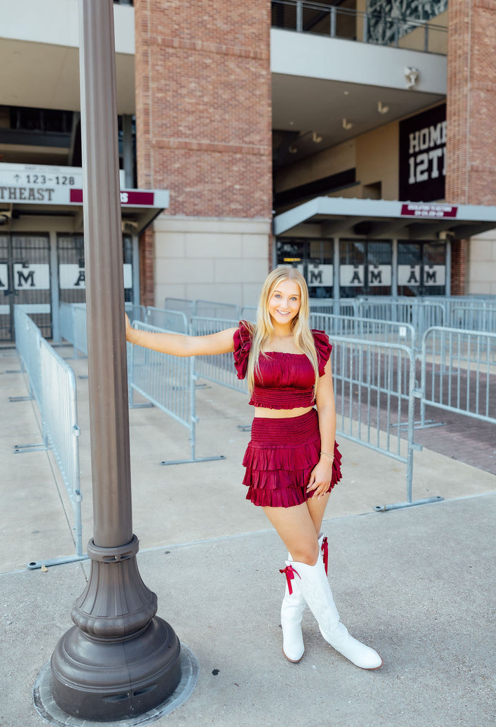 Let's Get Loud Ruffle Sleeve Crop Top, Maroon