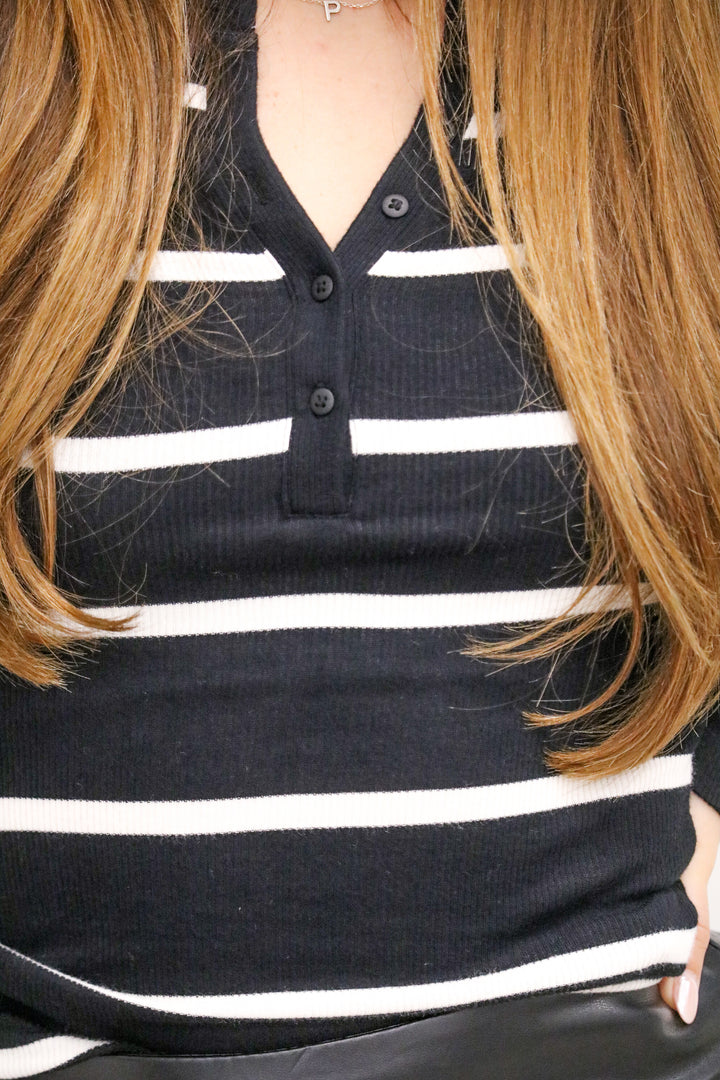 Scarlett Rib Stripe Henley, Black