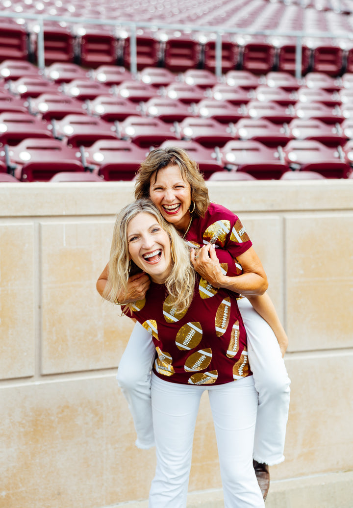 Maroon & Gold Rhinestone Lace Football Tee