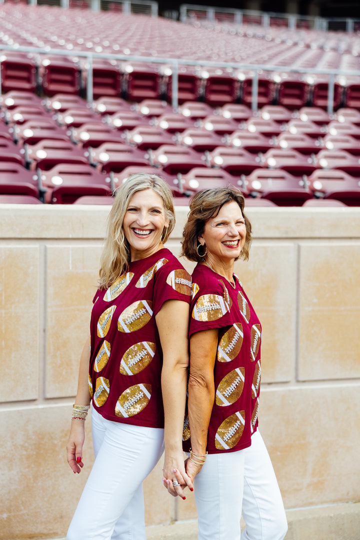 Maroon & Gold Rhinestone Lace Football Tee