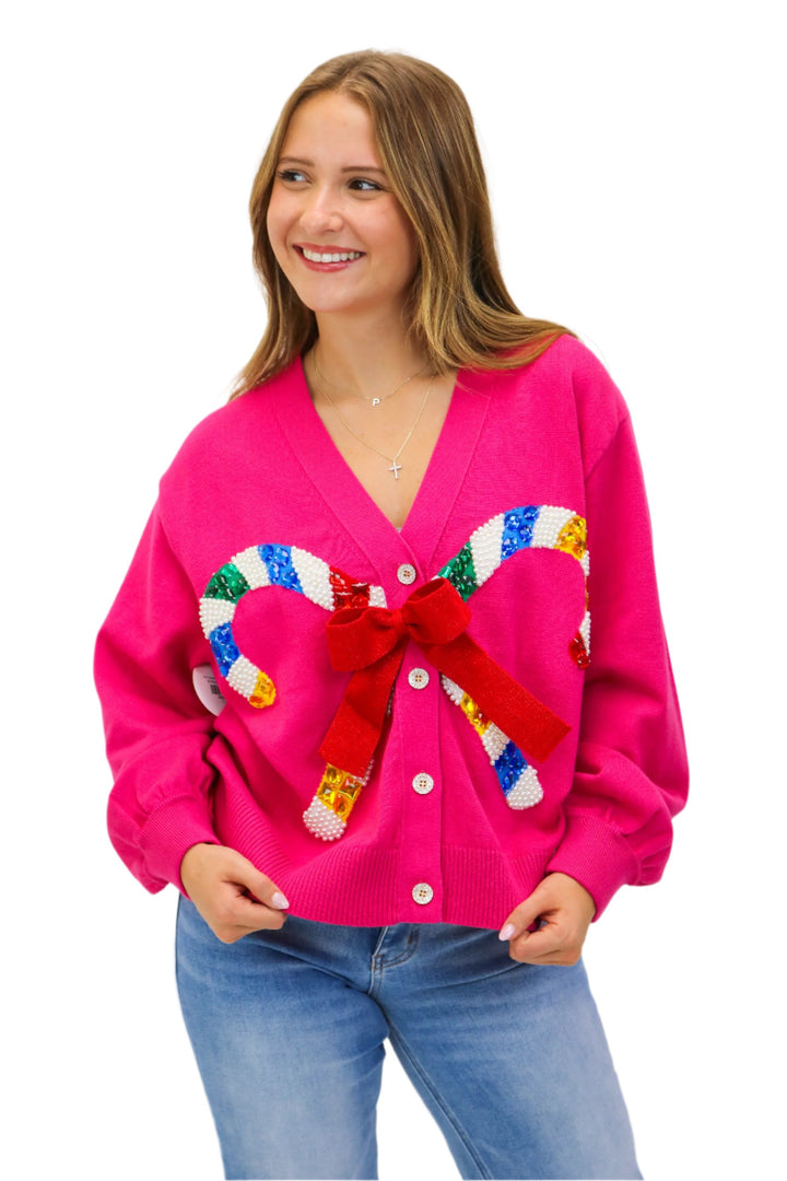 Pink Cardigan with Candy Cane & Bow