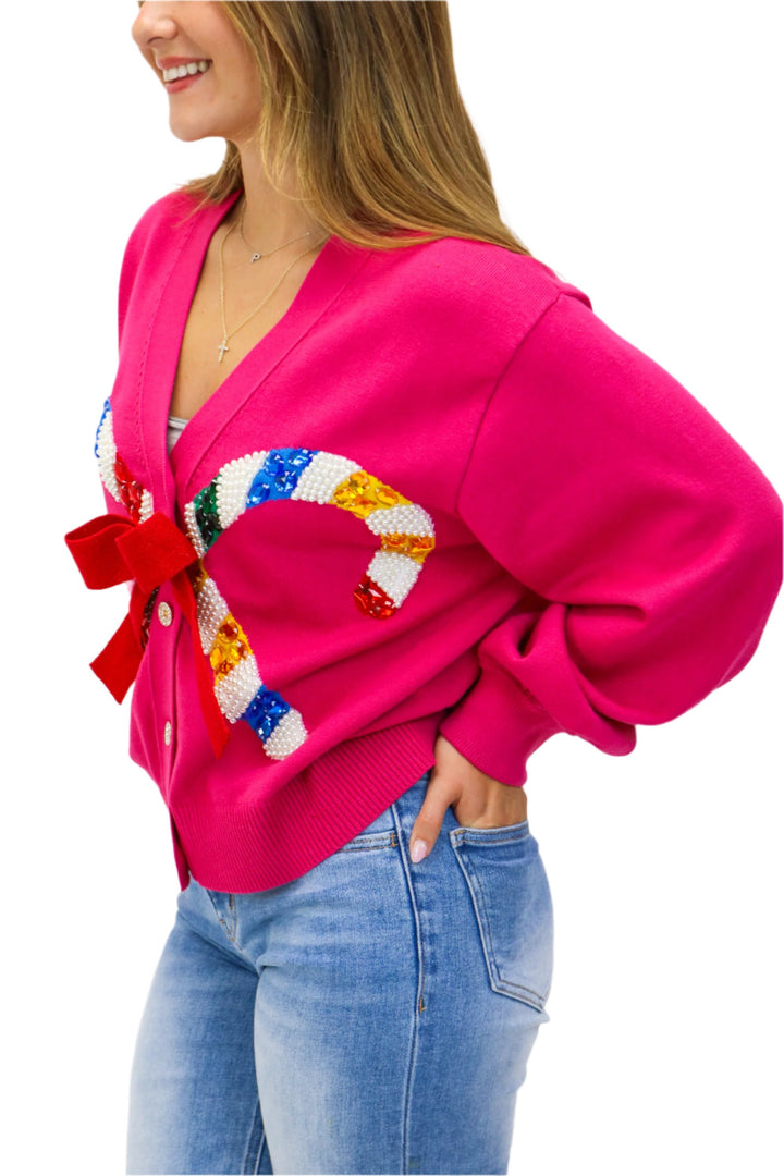 Pink Cardigan with Candy Cane & Bow