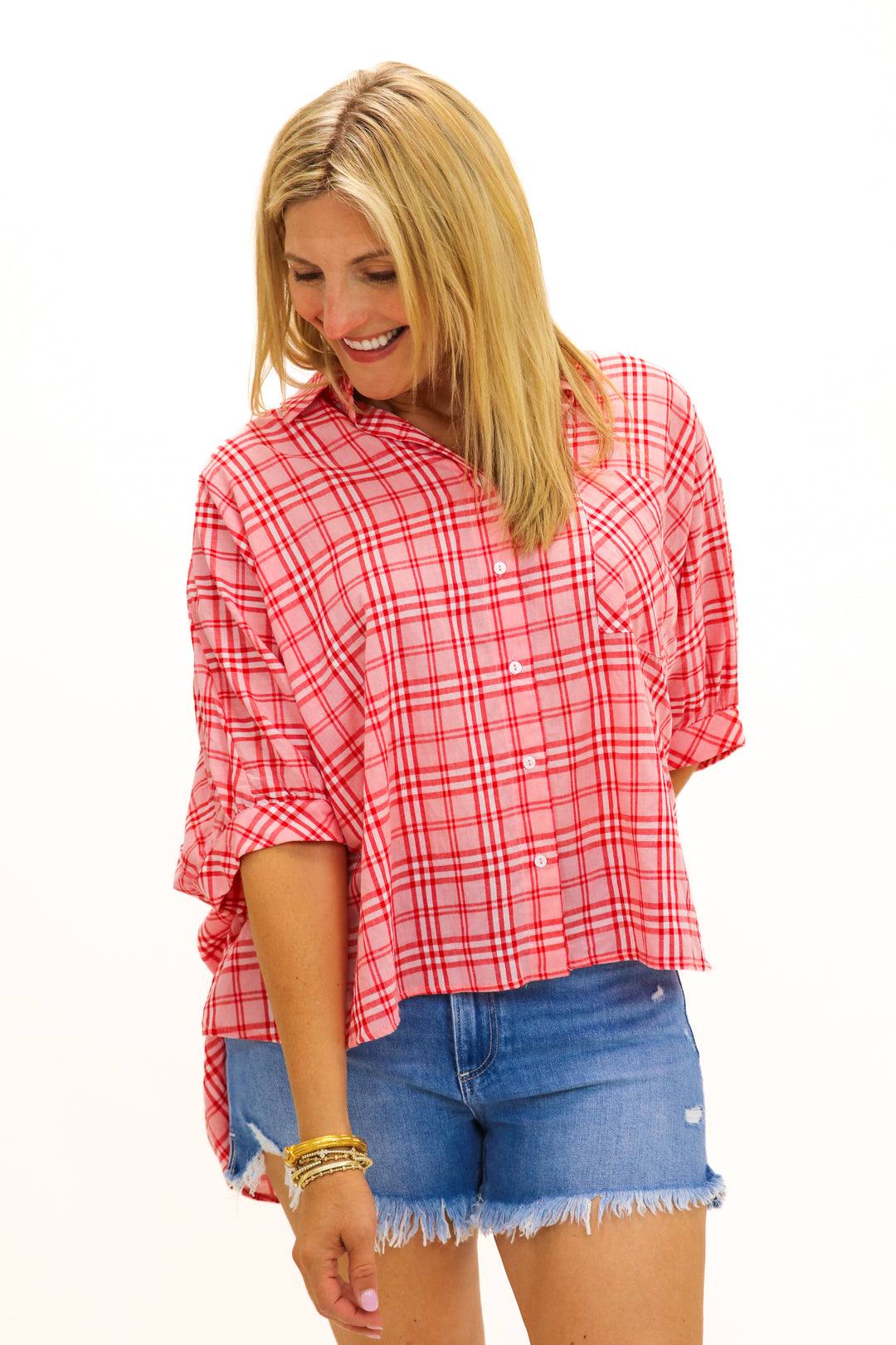 Sadie Oversized Button Down Top, Pink/Red Combo