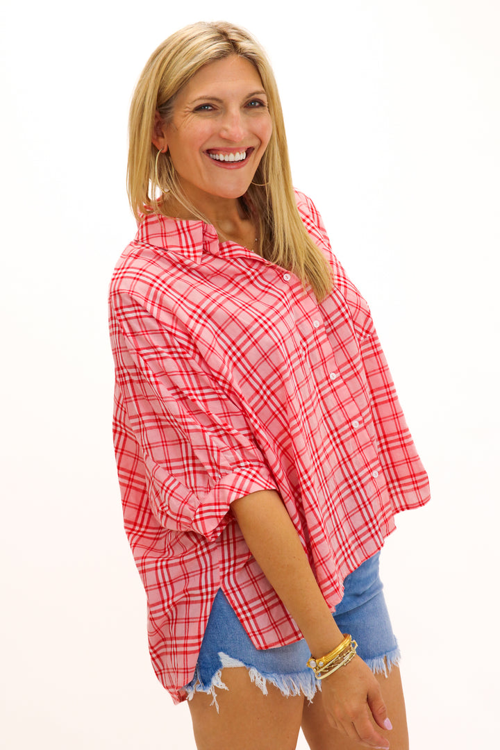 Sadie Oversized Button Down Top, Pink/Red Combo