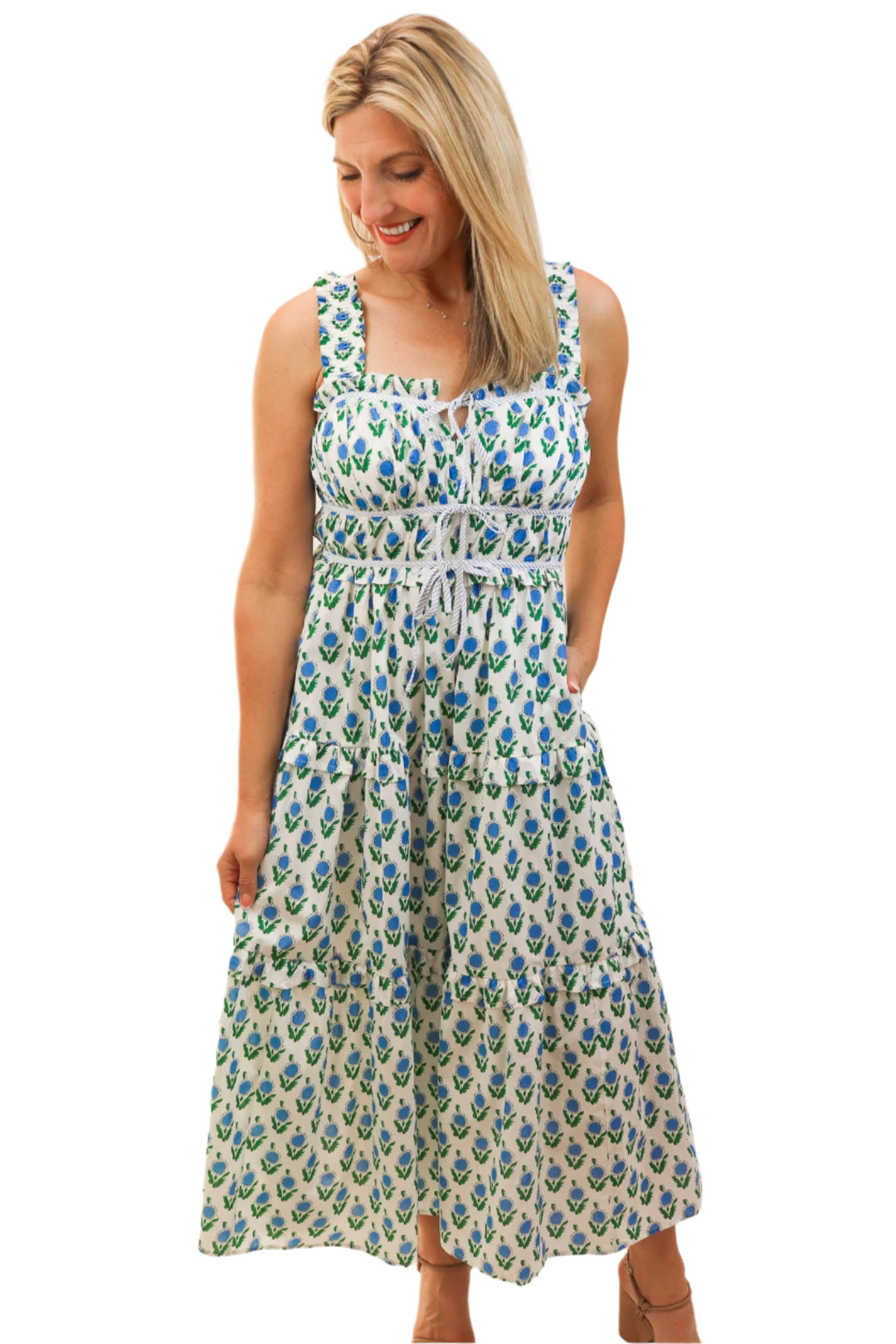 Flower Shop Midi Dress, Blue/Green