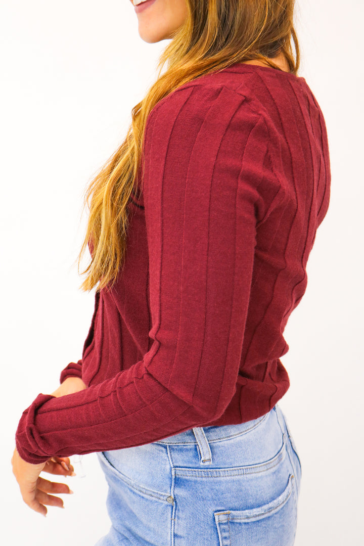 Call Me Out Button Down Ribbed Cardigan, Maroon