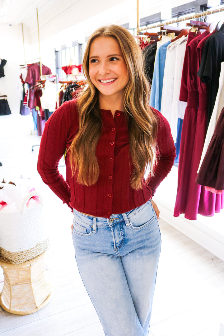 Call Me Out Button Down Ribbed Cardigan, Maroon