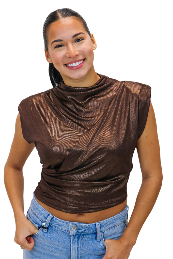 Solange Mock Neck Metallic Top, Brown