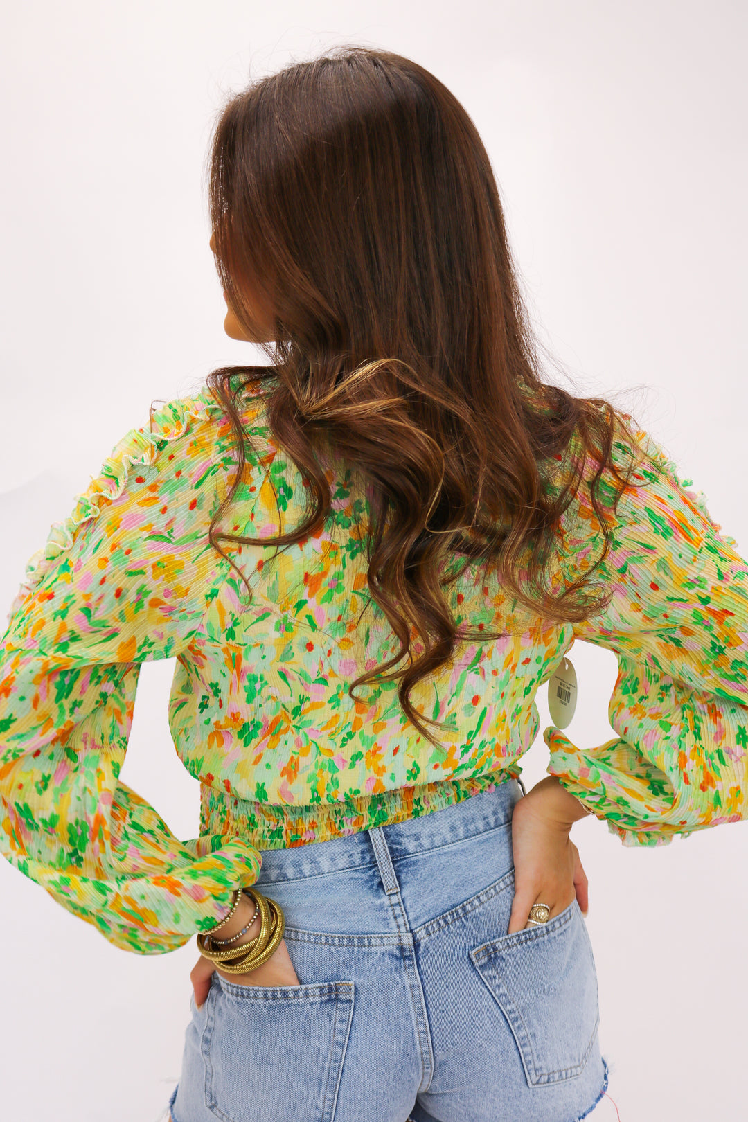 Bellona Floral Puff Sleeve Top, Yellow Green Multi