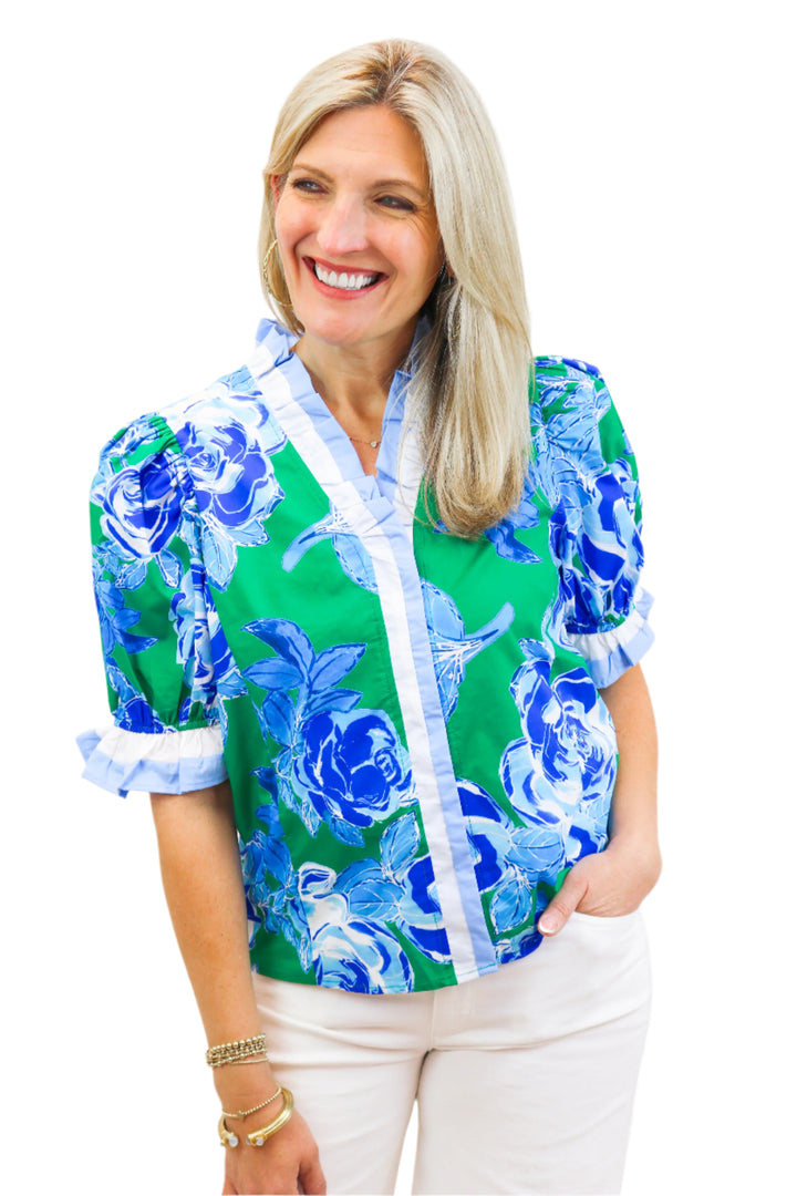 Stark Contrast Button Down Top, Blue/Green