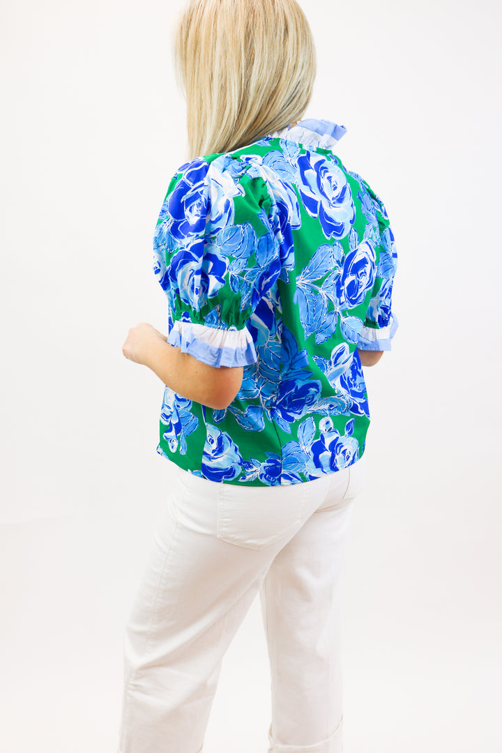 Stark Contrast Button Down Top, Blue/Green