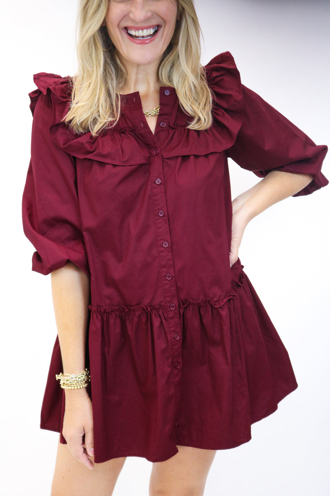 Find Me In The Stands Long Sleeve Ruffle Mini Dress, Maroon