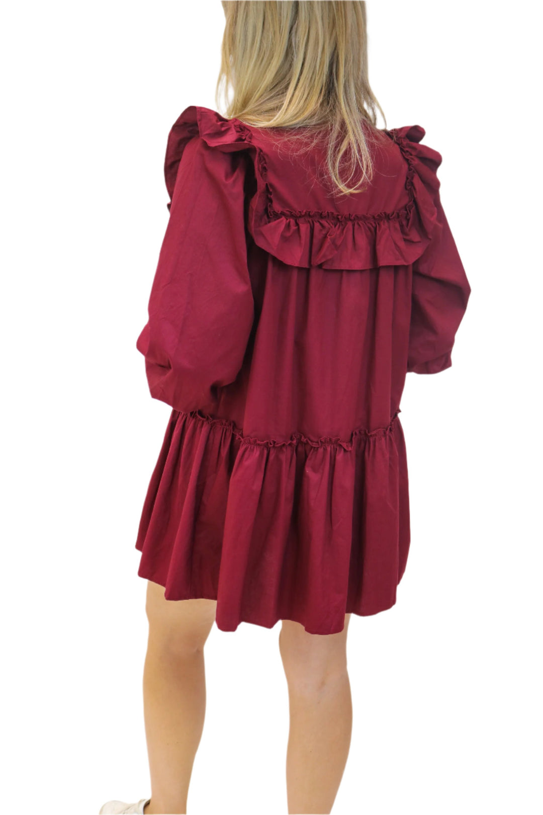 Find Me In The Stands Long Sleeve Ruffle Mini Dress, Maroon