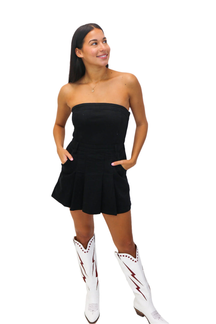 Make Some Noise Strapless Denim Romper Dress, Black