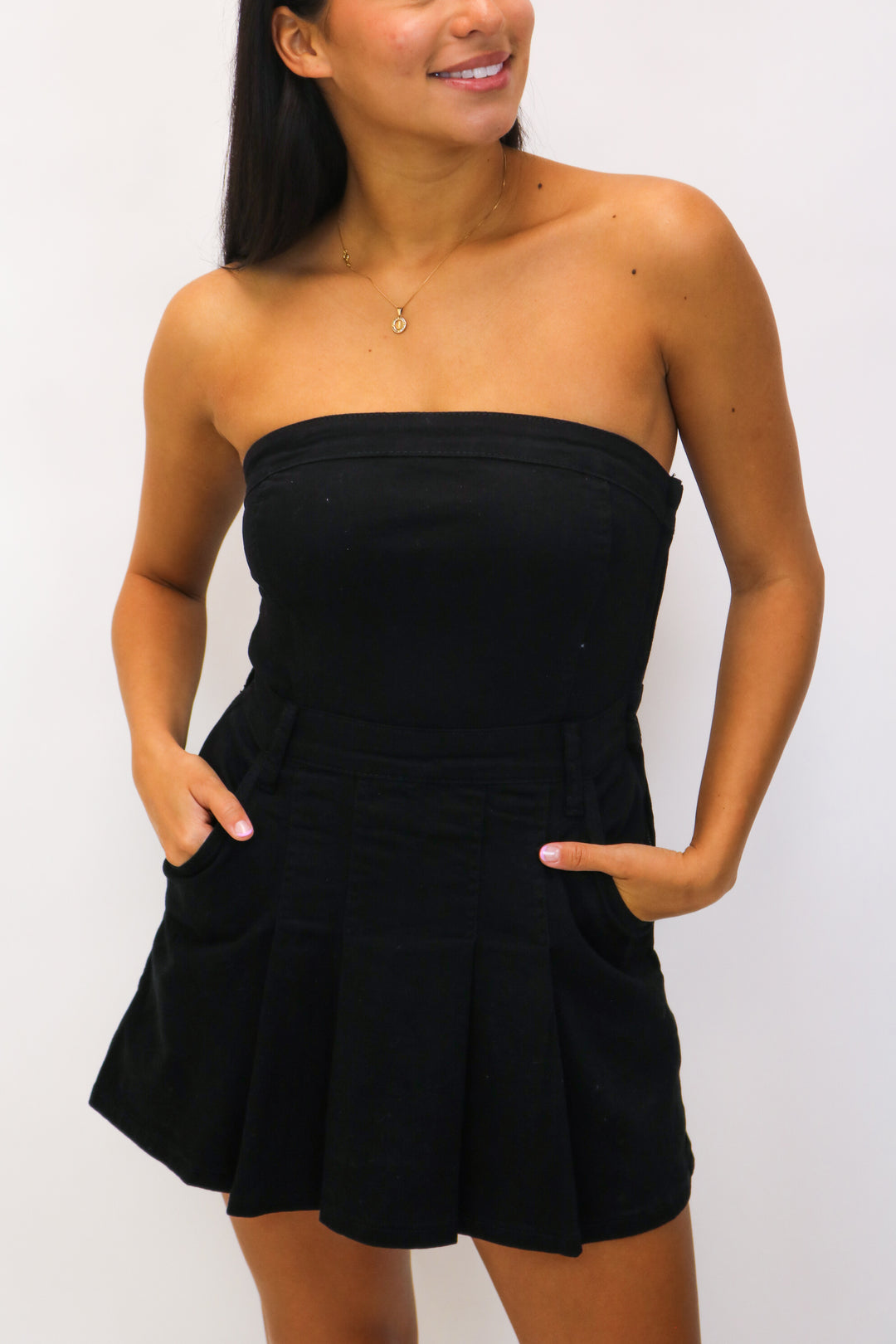 Make Some Noise Strapless Denim Romper Dress, Black