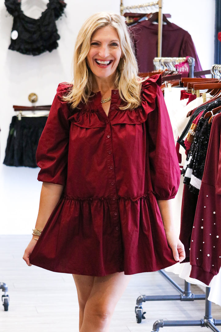 Find Me In The Stands Long Sleeve Ruffle Mini Dress, Maroon