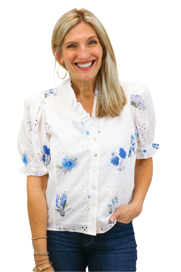 Ginny Crisp White Button Down Top, Blue Florals