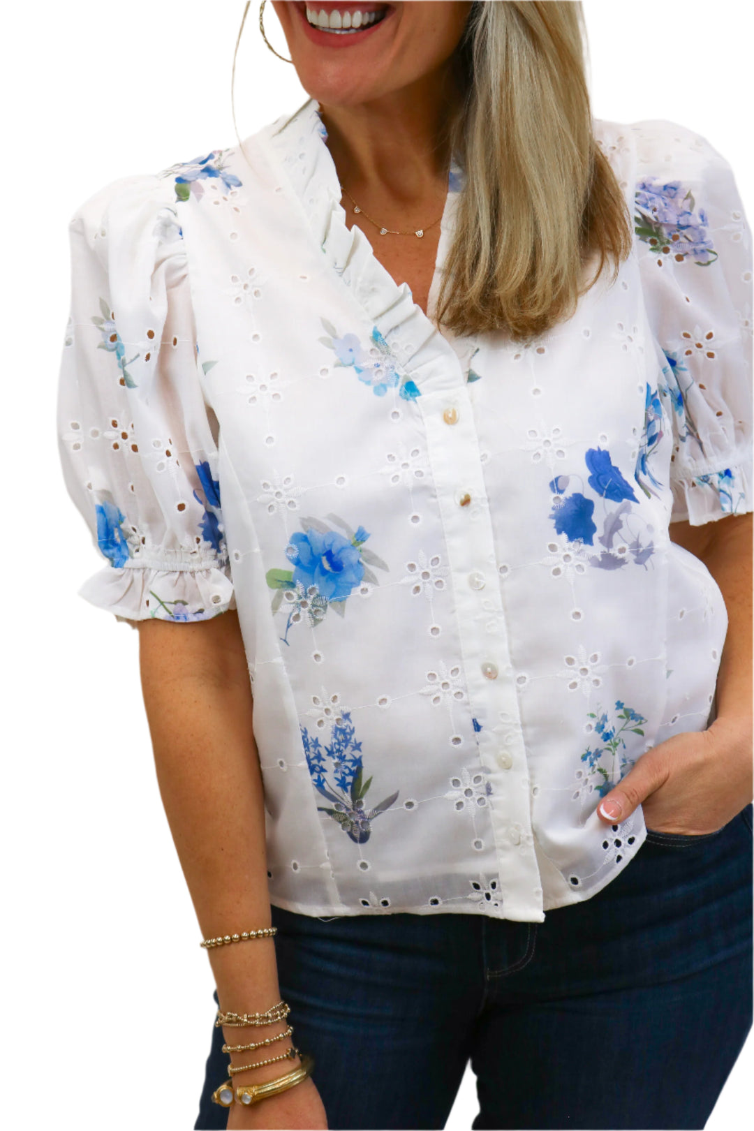 Ginny Crisp White Button Down Top, Blue Florals