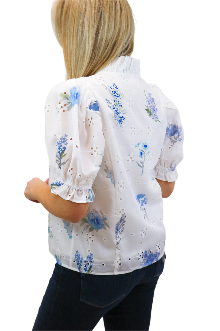 Ginny Crisp White Button Down Top, Blue Florals