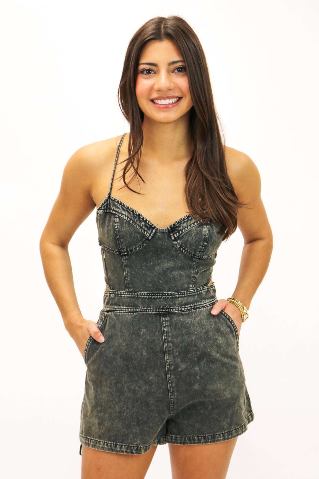 Call The Shots Open Back Denim Romper, Black